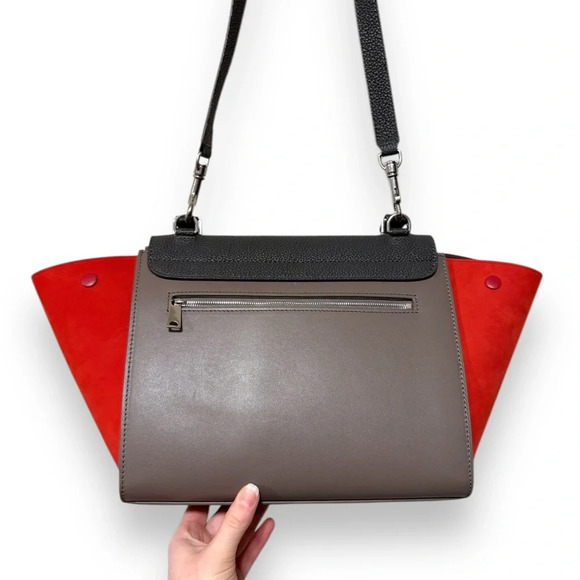 Celine Trapeze Leather Tricolor Red Grey Pebbled Medium Convertible Bag - Picture 4 of 16